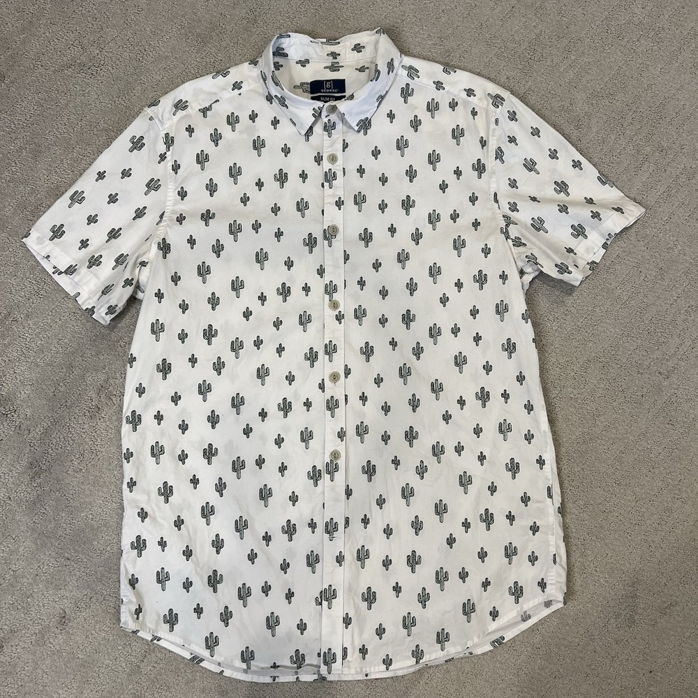 George Mens Size Medium 38-40 Slim Fit Short Sleeve Button Up Shirt White Cactus